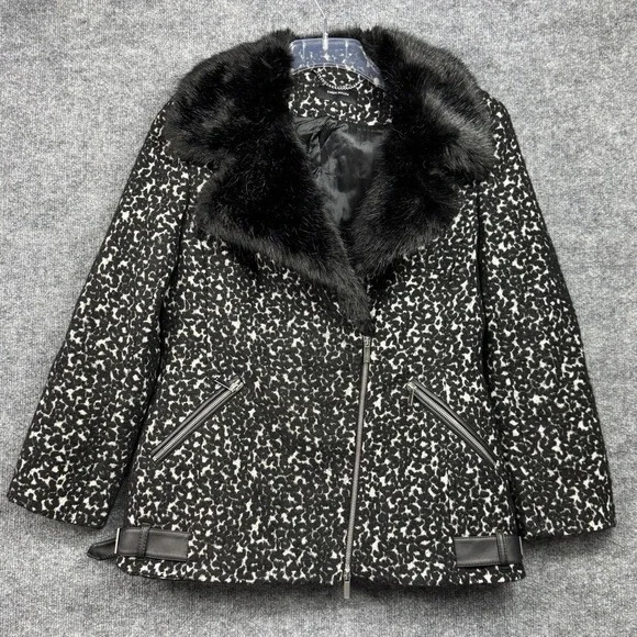 Karen Millen Leopard Print Faux Fur Collar Moto Jacket Women Black White Size 10